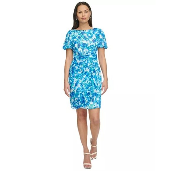DKNY Blue Green‎ Watercolor Print Chiffon Dress Size 12 Short Bubble Sleeves - Picture 9 of 9